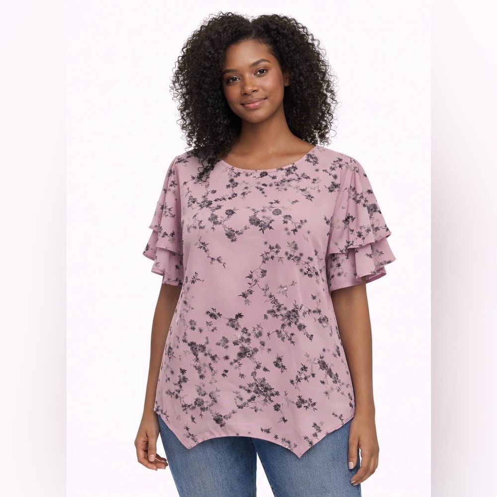 🌸 Elle - Grey Flowers Print Pink Blouse